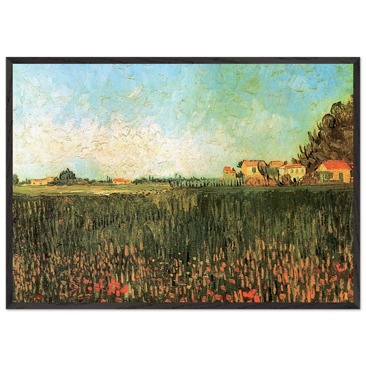 Farmhouses in a Wheat Field Near Arles - Vincent van Gogh 70x100 cm / 28x40 inches Framed Art Print – Black Wooden Frame