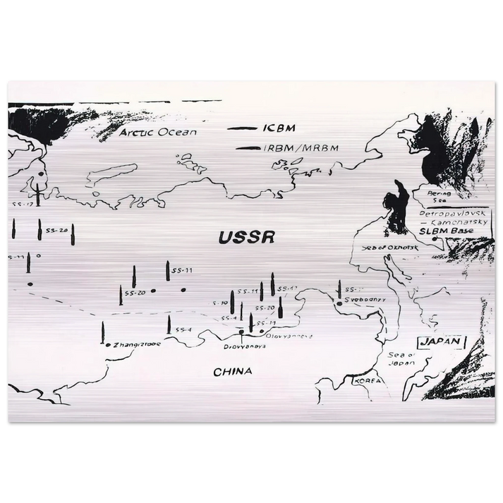 Map of Eastern U.S.S.R. Missile Bases - Andy Warhol Brushed Aluminum Print - 70x100 cm / 28x40 inches | Andy Warhol Aluminum Print | Andy Warhol Prints