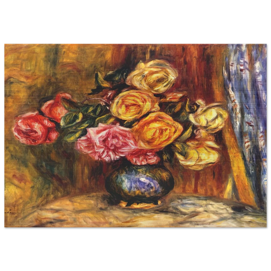 Roses in front of a blue curtain - Pierre-Auguste Renoir Brushed Aluminum Print - 70x100 cm / 28x40 inches | Pierre-Auguste Renoir Aluminum Print | Pierre-Auguste Renoir Prints