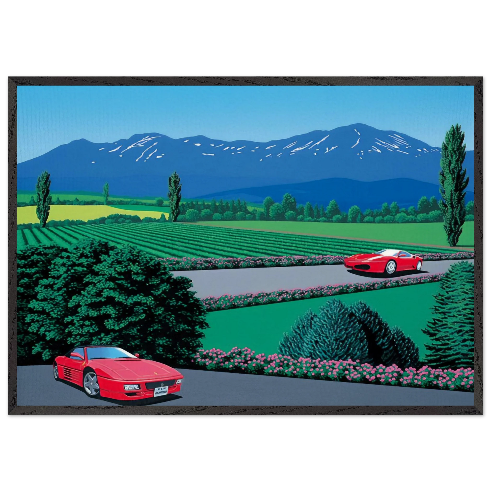 Ferraris traversing the lands - Hiroshi Nagai Framed Art Print – Black Wooden Frame - Default Title - -Framed Art Print