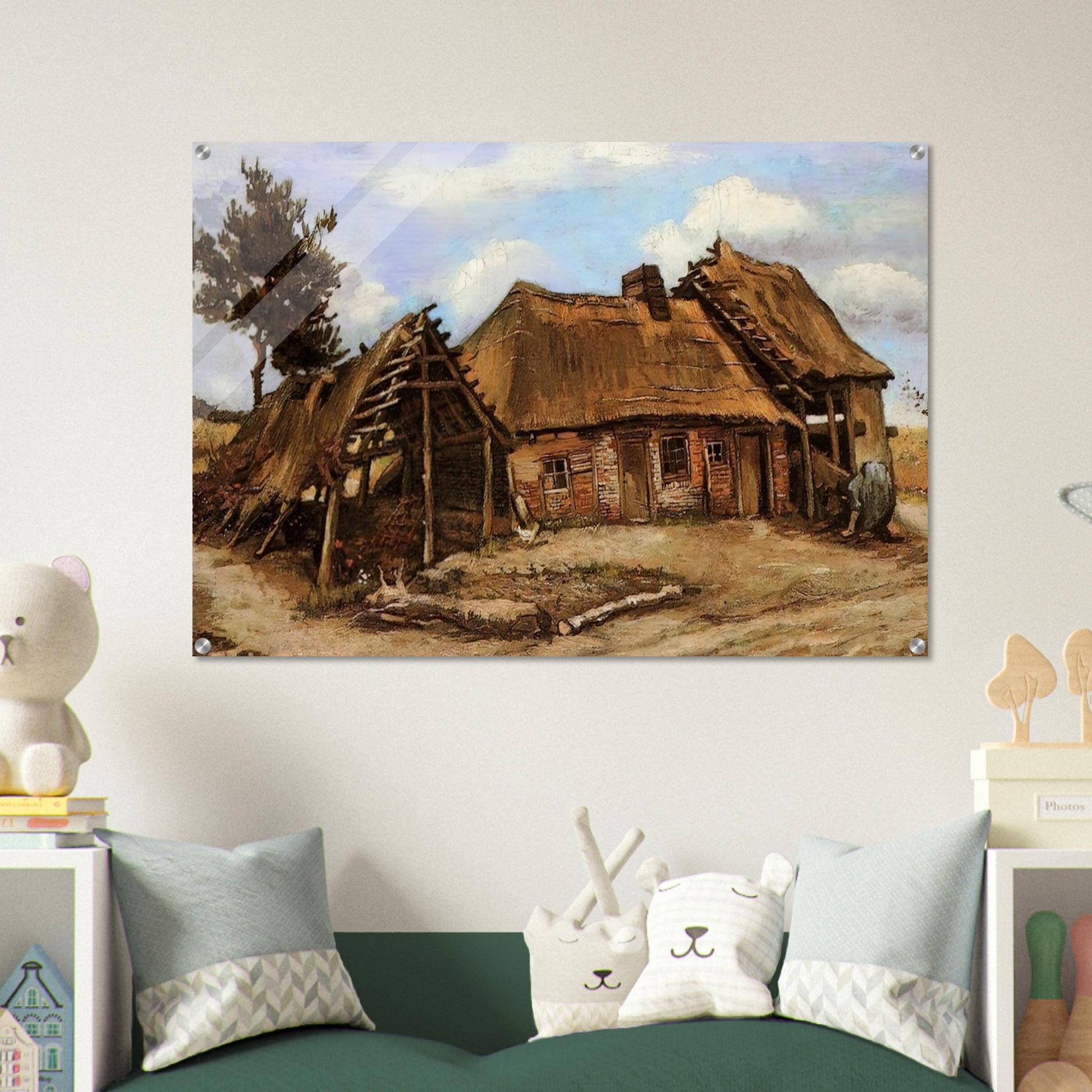 Cottage with Decrepit Barn and Stooping Woman - Vincent van Gogh Acrylic Print - 70x100 cm / 28x40″ inches
