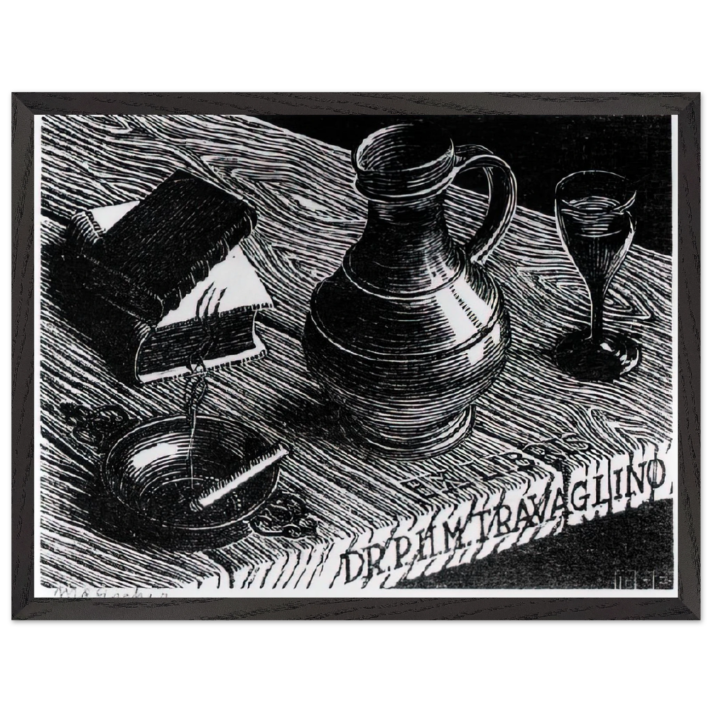 MC Escher - BOOKPLATE DR P H M TRAVAGLINO Wall Art - 21x29.7 cm / 8x12" - Premium Wooden Framed Poster With Fine Art Paper - Wood frame