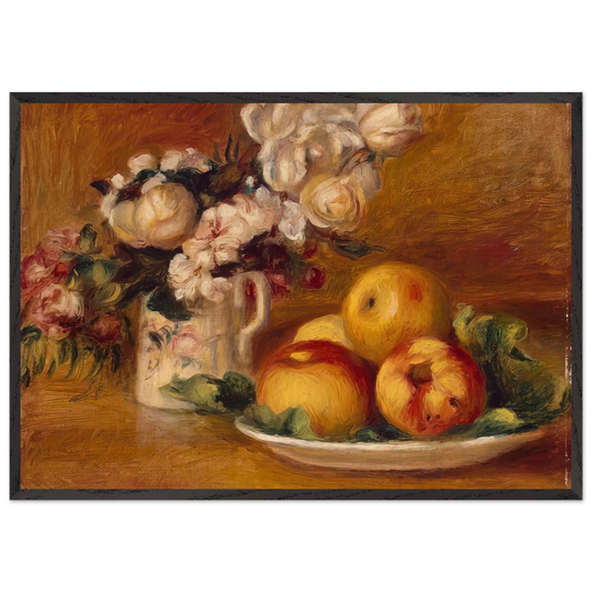 Apples and Flowers - Pierre-Auguste Renoir 70x100 cm / 28x40 inches Framed Art Print – Black Wooden Frame