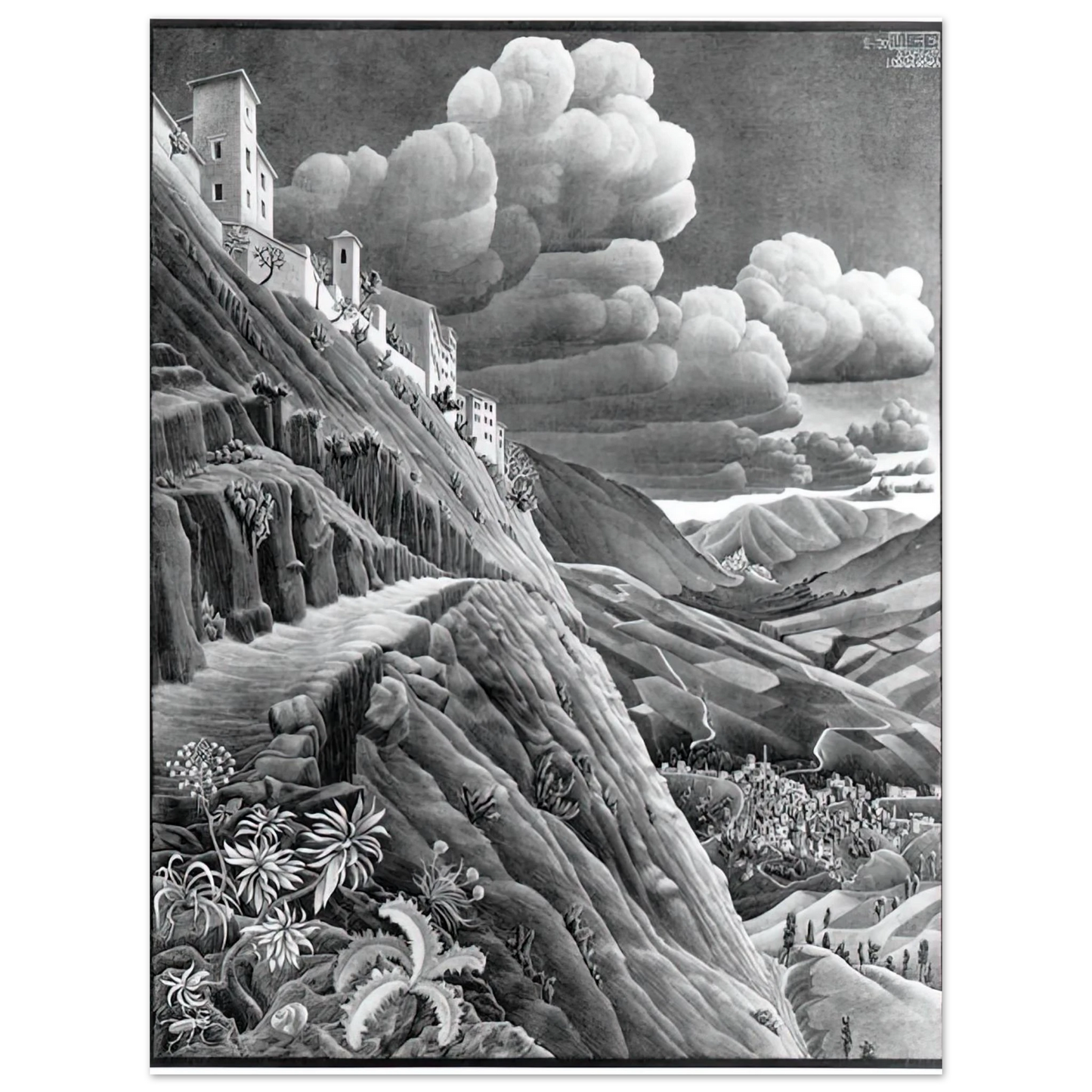 MC Escher - CASTROVALVA Wall Art - 21x29.7 cm / 8x12" - Premium Wooden Framed Poster With Fine Art Paper - Wood frame
