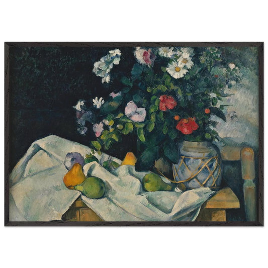 Still Life with Flowers and Fruit - Paul Cezanne 70x100 cm / 28x40 inches Framed Art Print – Black Wooden Frame
