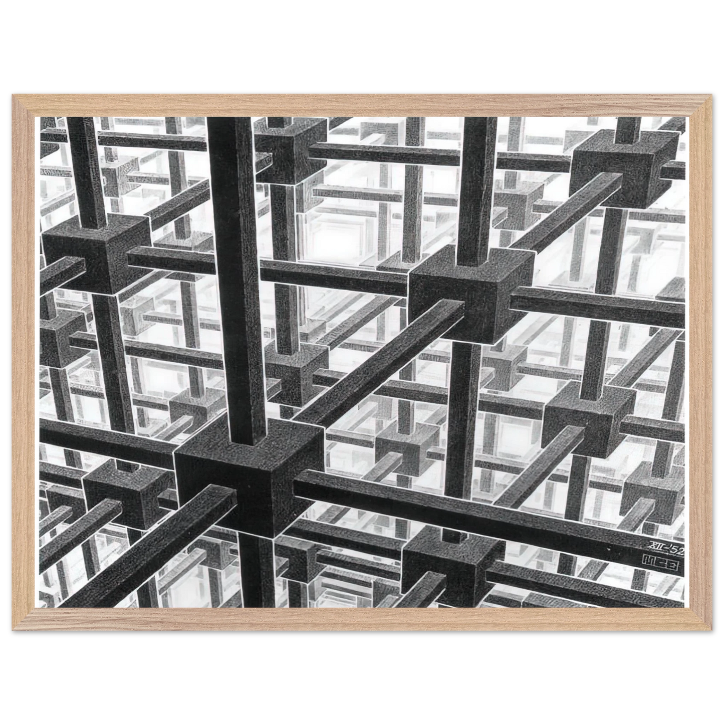 MC Escher - CUBIC SPACE DIVISION Wall Art - 21x29.7 cm / 8x12" - Premium Wooden Framed Poster With Fine Art Paper - White frame