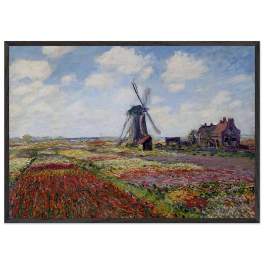 Fields of Tulip With The Rijnsburg Windmill - claude monet 70x100 cm / 28x40 inches Framed Art Print – Black Wooden Frame
