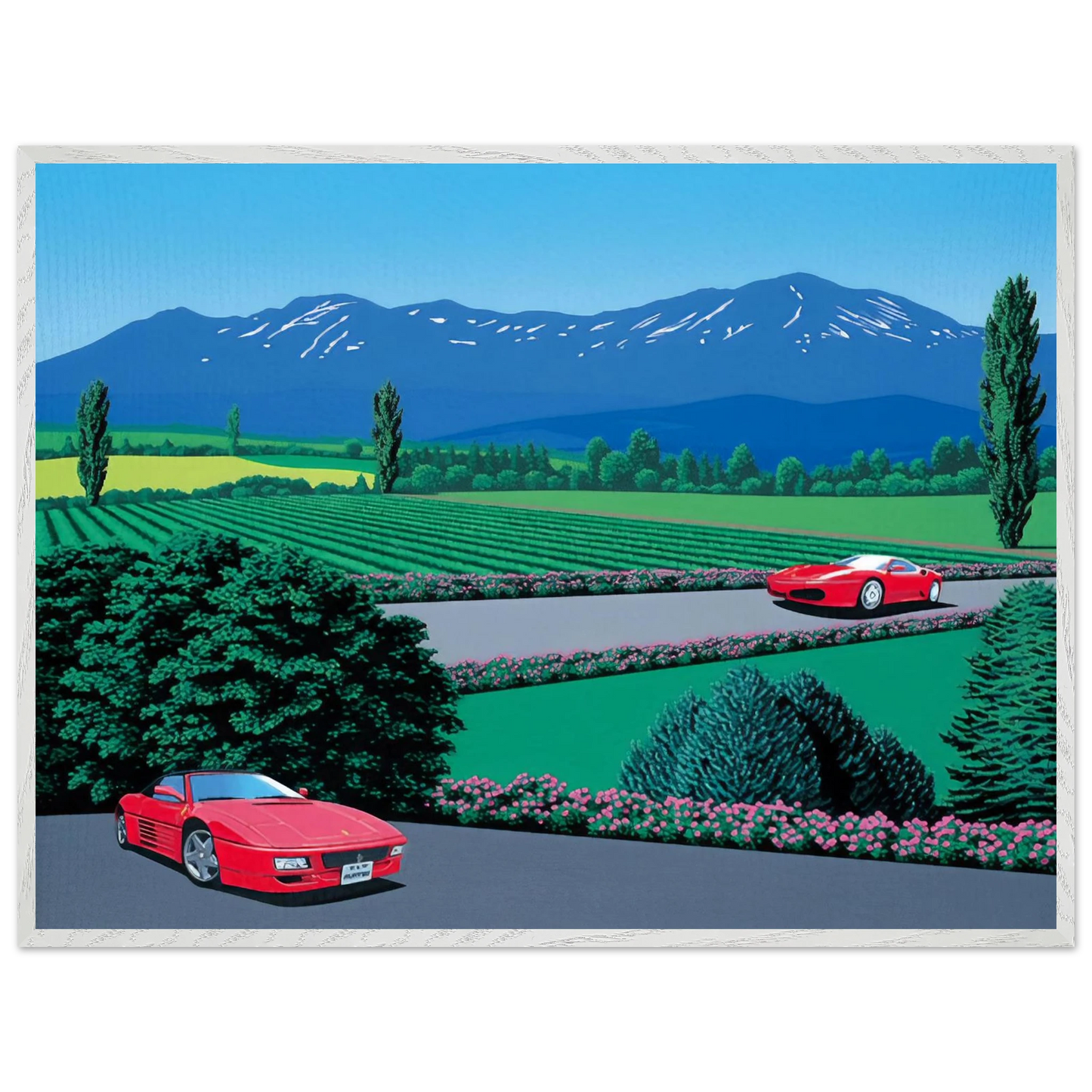 Hiroshi Nagai - Ferraris traversing the lands Wall Art - 21x29.7 cm / 8x12" - Premium Wooden Framed Poster With Fine Art Paper - White frame