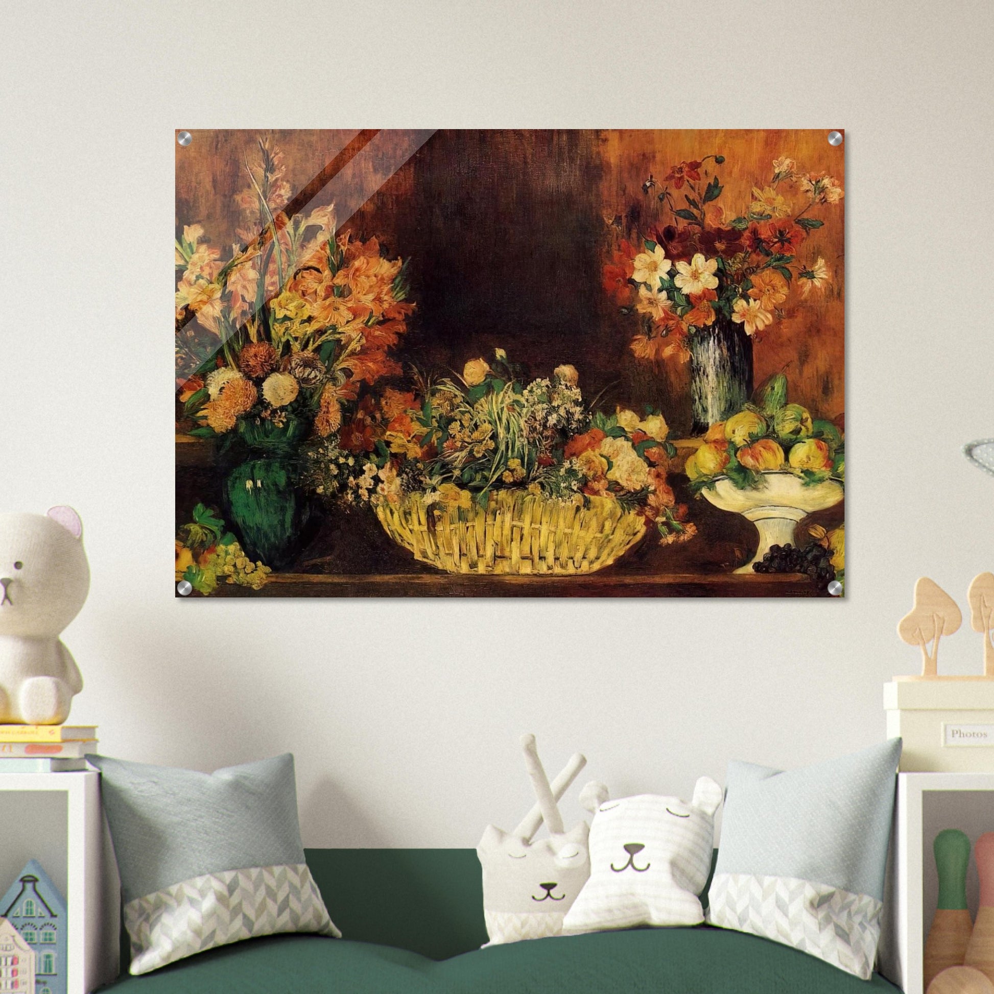 Vase, Basket of Flowers and Fruit - Pierre-Auguste Renoir Acrylic Print - 70x100 cm / 28x40″ inches | Pierre-Auguste Renoir Wall Art | Pierre-Auguste Renoir Prints