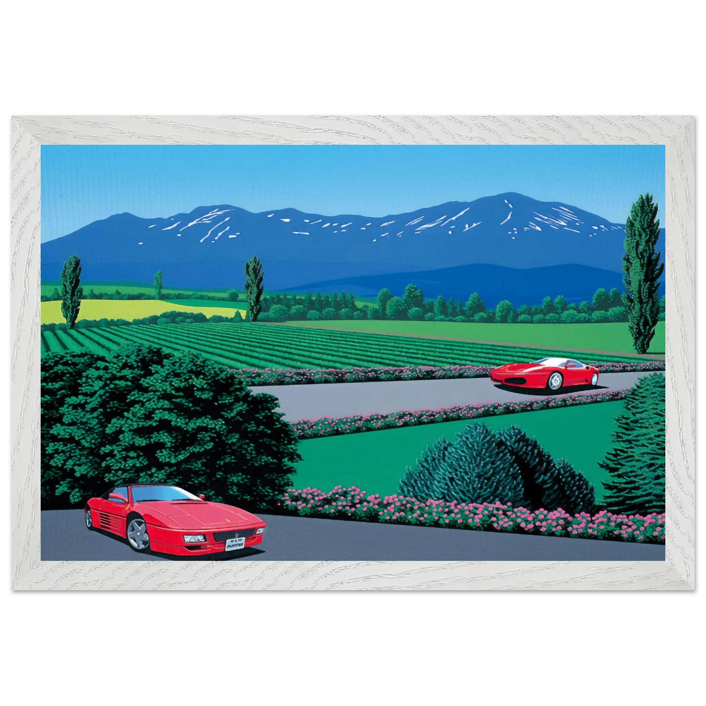 Hiroshi Nagai - Ferraris traversing the lands Wall Art - 21x29.7 cm / 8x12" - Premium Wooden Framed Poster With Fine Art Paper - Black frame
