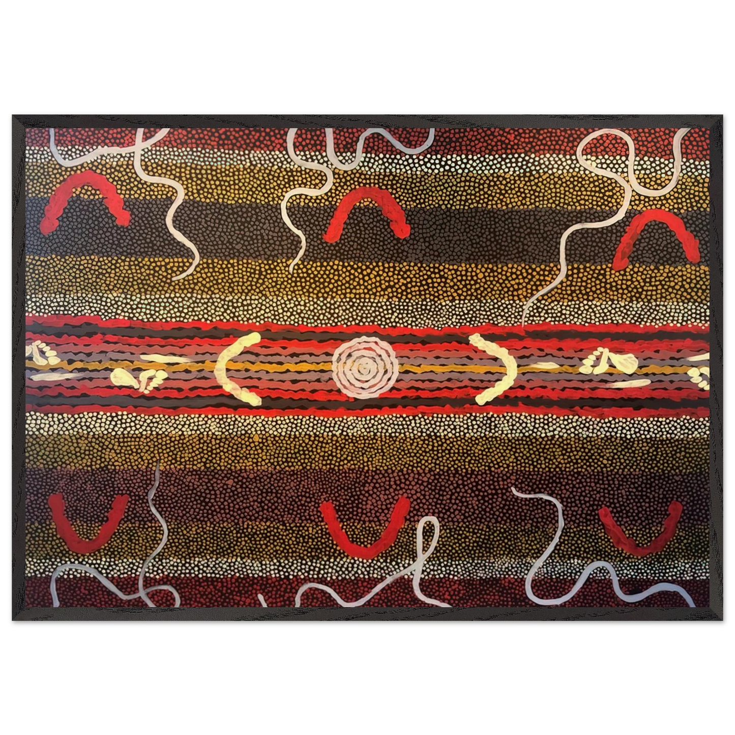 Mens Maliyarre Initiation Ceremony - 1999 - Clifford Possum Tjapaltjarri Framed Art Print – Black Wooden Frame - Default Title - -Framed Art Print