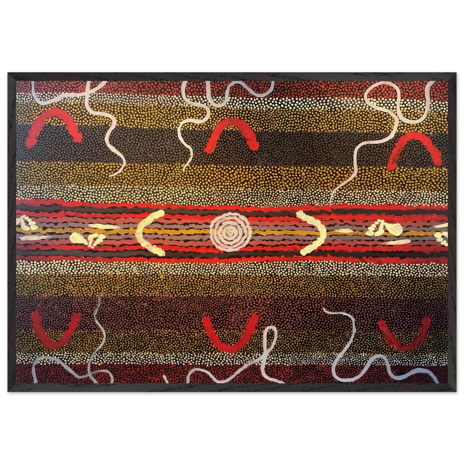 Mens Maliyarre Initiation Ceremony - 1999 - Clifford Possum Tjapaltjarri Framed Art Print – Black Wooden Frame - Default Title - -Framed Art Print