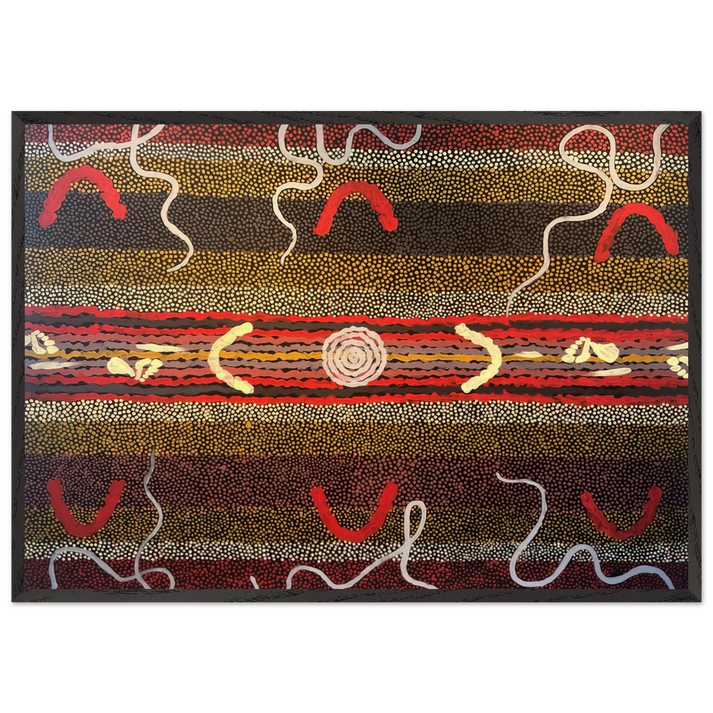 Mens Maliyarre Initiation Ceremony - 1999 - Clifford Possum Tjapaltjarri 70x100 cm / 28x40 inches Framed Art Print – Black Wooden Frame
