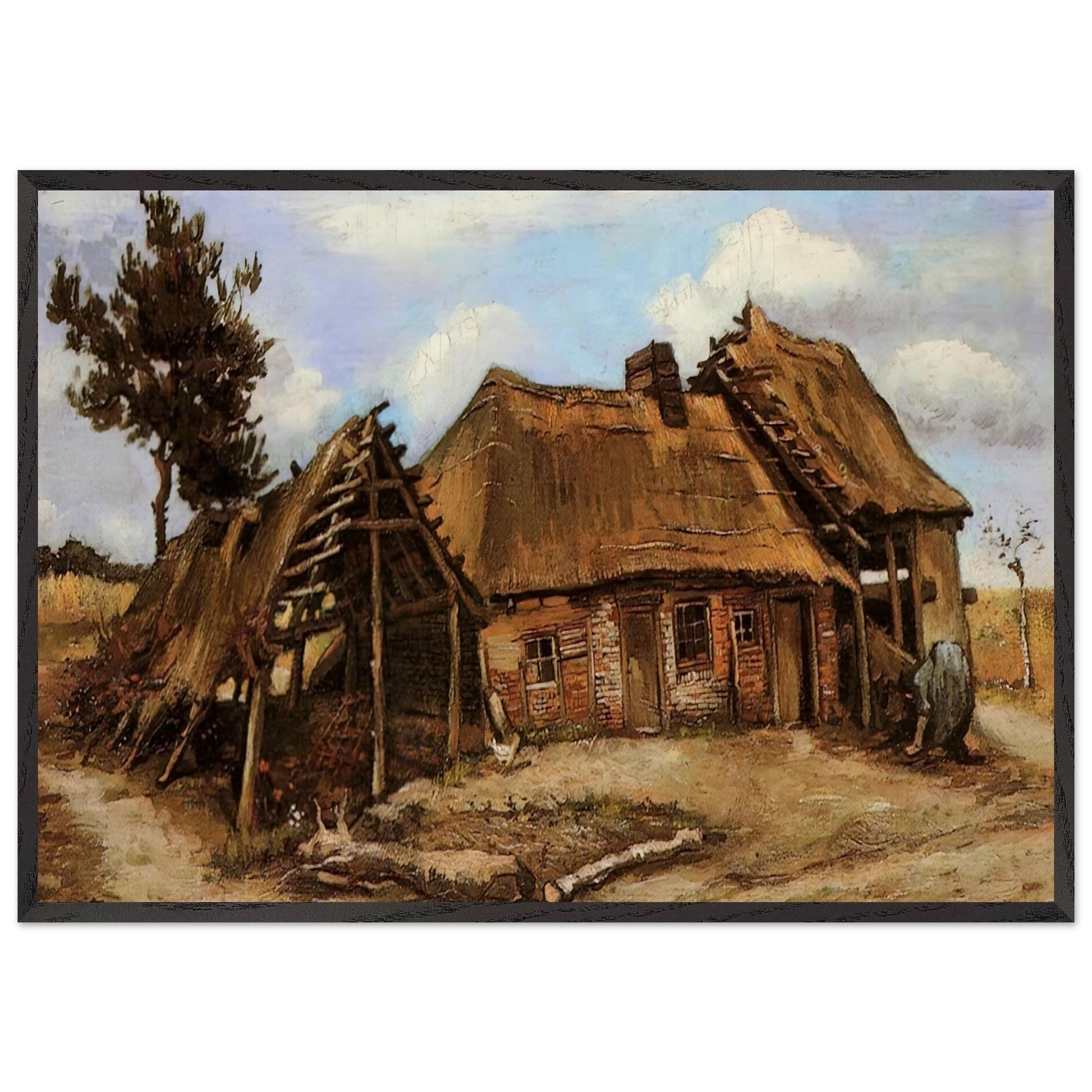 Cottage with Decrepit Barn and Stooping Woman - Vincent van Gogh Framed Art Print – Black Wooden Frame - Default Title - -Framed Art Print
