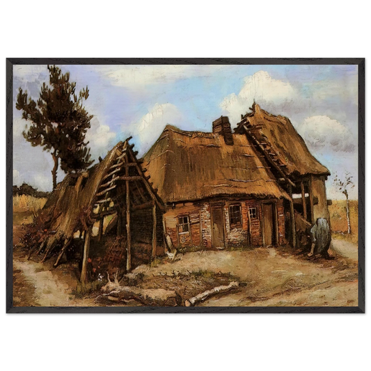 Cottage with Decrepit Barn and Stooping Woman - Vincent van Gogh 70x100 cm / 28x40 inches Framed Art Print – Black Wooden Frame