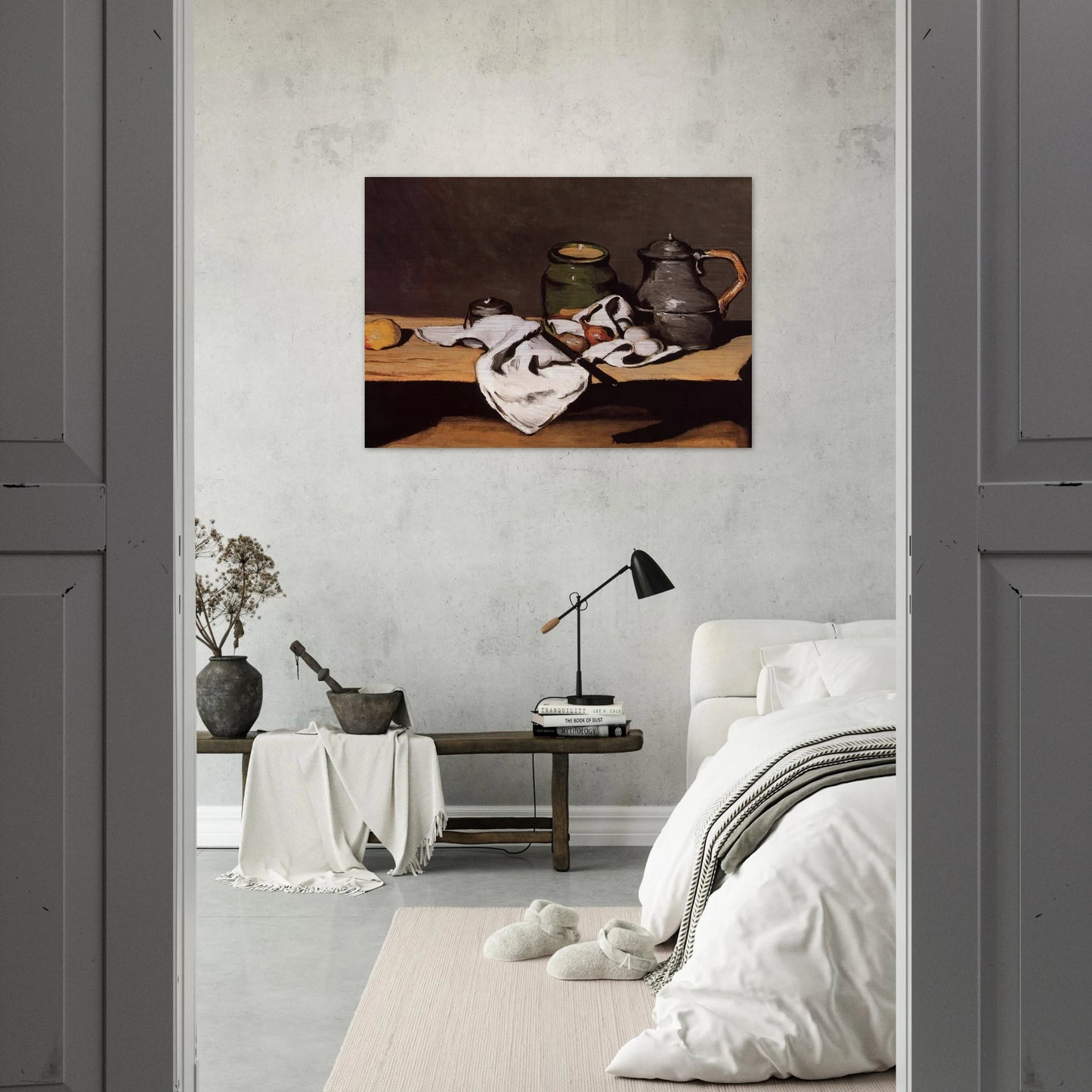 Still Life with Green Pot and Pewter Jug - Paul Cézanne Brushed Aluminum Print - 70x100 cm / 28x40 inches | Paul Cézanne Aluminum Print | Paul Cézanne Prints