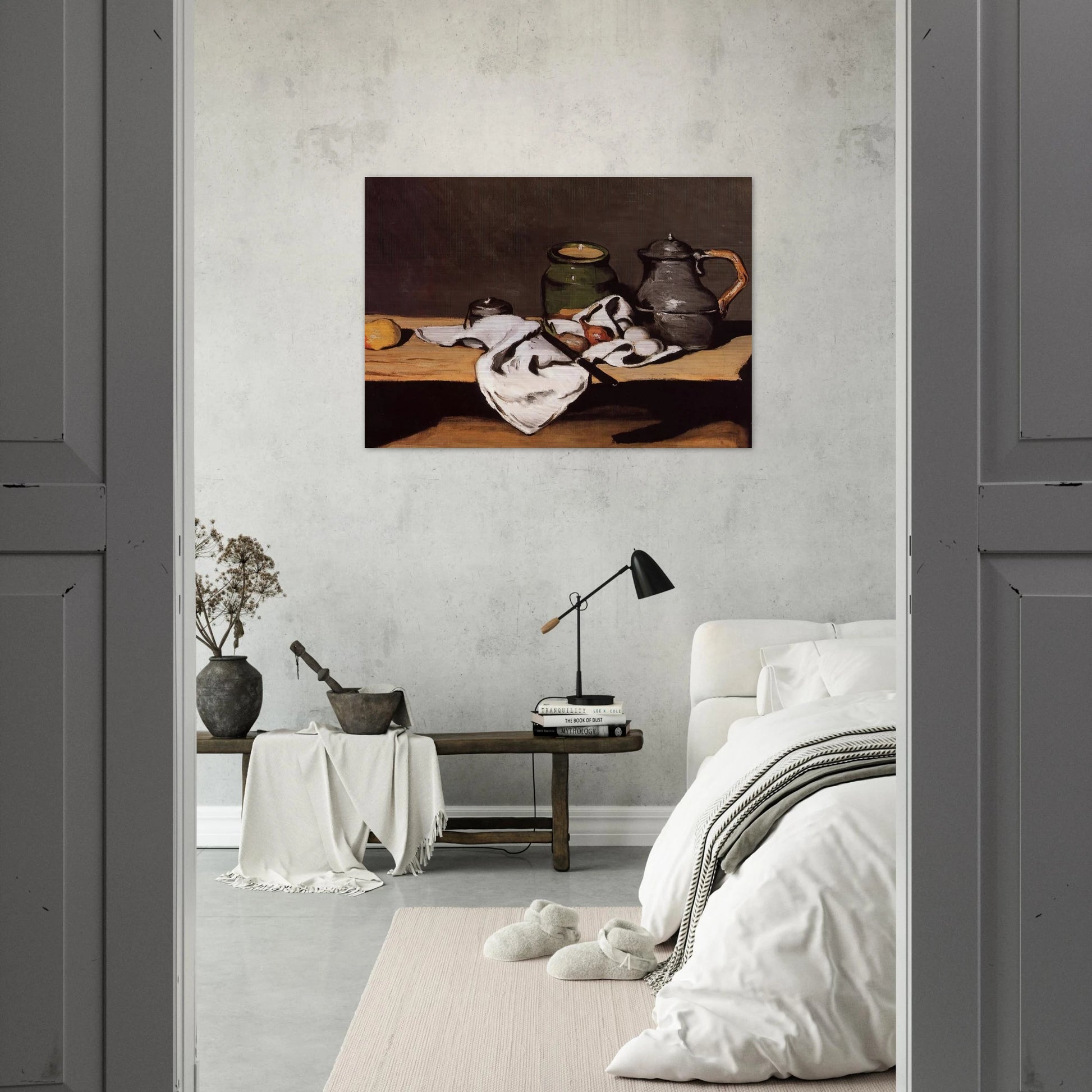 Still Life with Green Pot and Pewter Jug - Paul Cézanne Brushed Aluminum Print - 70x100 cm / 28x40 inches | Paul Cézanne Aluminum Print | Paul Cézanne Prints