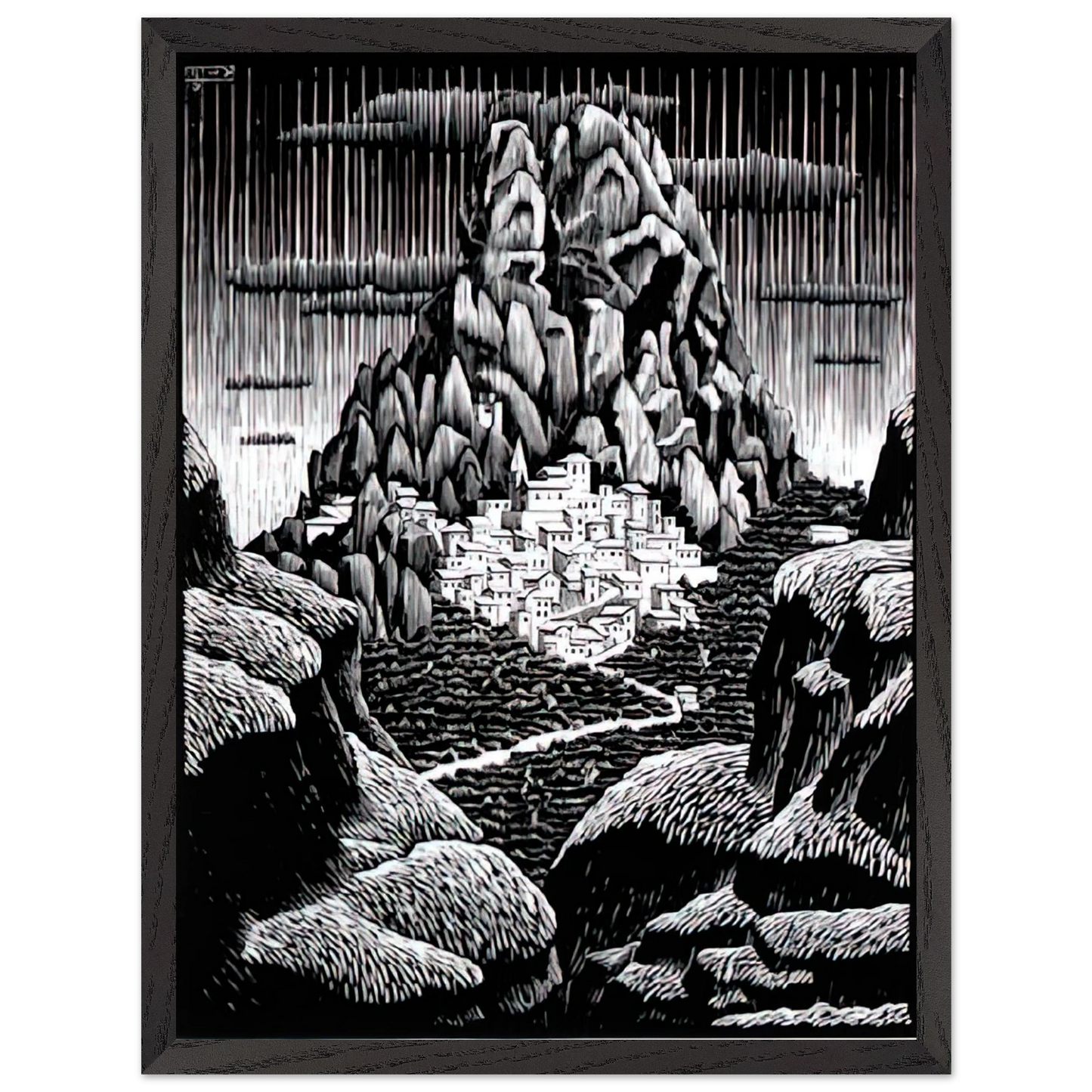 MC Escher - PENTEDATTIO CALABRIA JANUARY 1930 1930 Wall Art - 60x80 cm / 24x32 inches - Premium Wooden Framed Poster With Fine Art Paper - Black frame