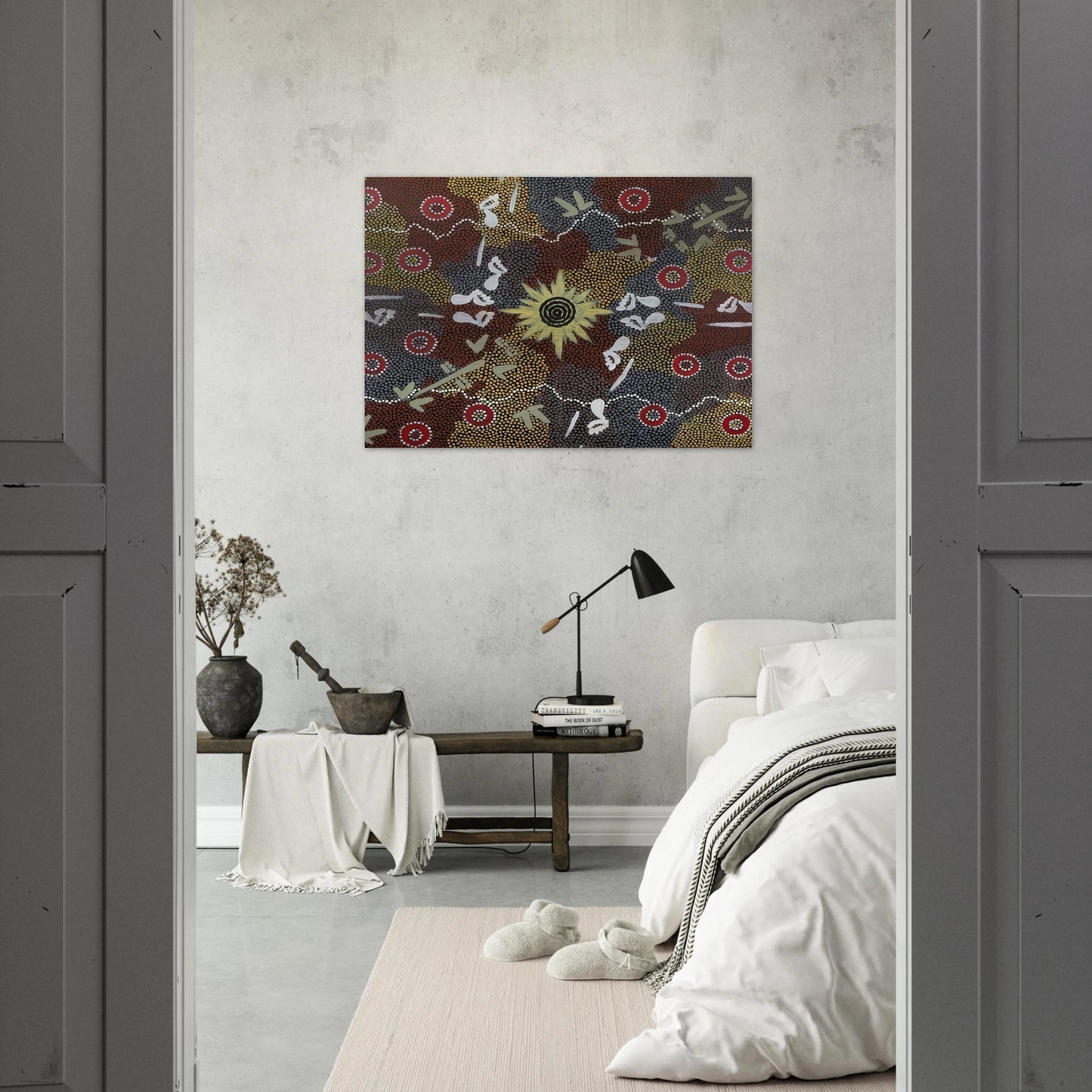 Frog and Kangaroo Dreaming - Native Art - Clifford Possum Tjapaltjarri Brushed Aluminum Print - 70x100 cm / 28x40 inches | Clifford Possum Tjapaltjarri Aluminum Print | Clifford Possum Tjapaltjarri Prints