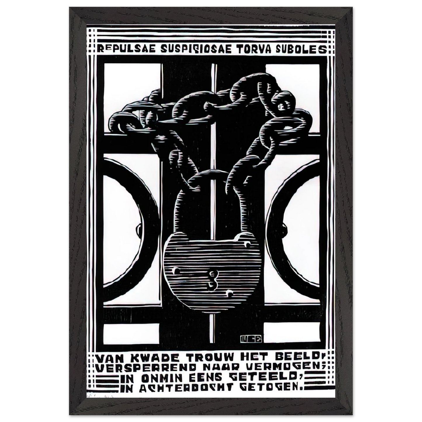 MC Escher - PADLOCK Wall Art - 21x29.7 cm / 8x12" - Premium Wooden Framed Poster With Fine Art Paper - Black frame