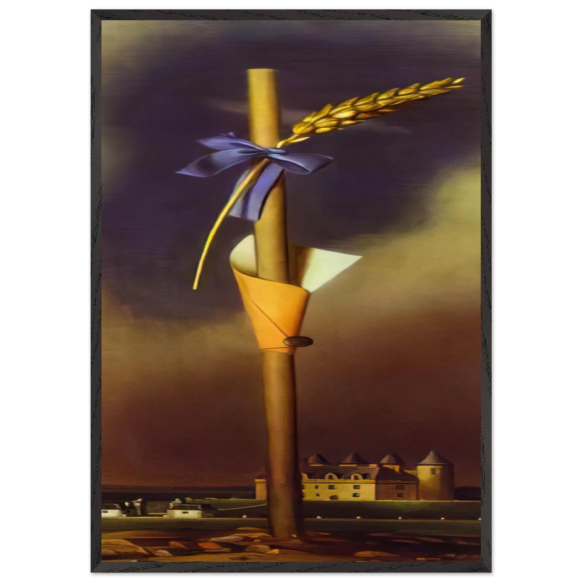 BLUE KNOT AND EAR OF WHEAT NEXT TO THE CASTLE - Salvador Dali Framed Art Print – Black Wooden Frame - Default Title - -Framed Art Print