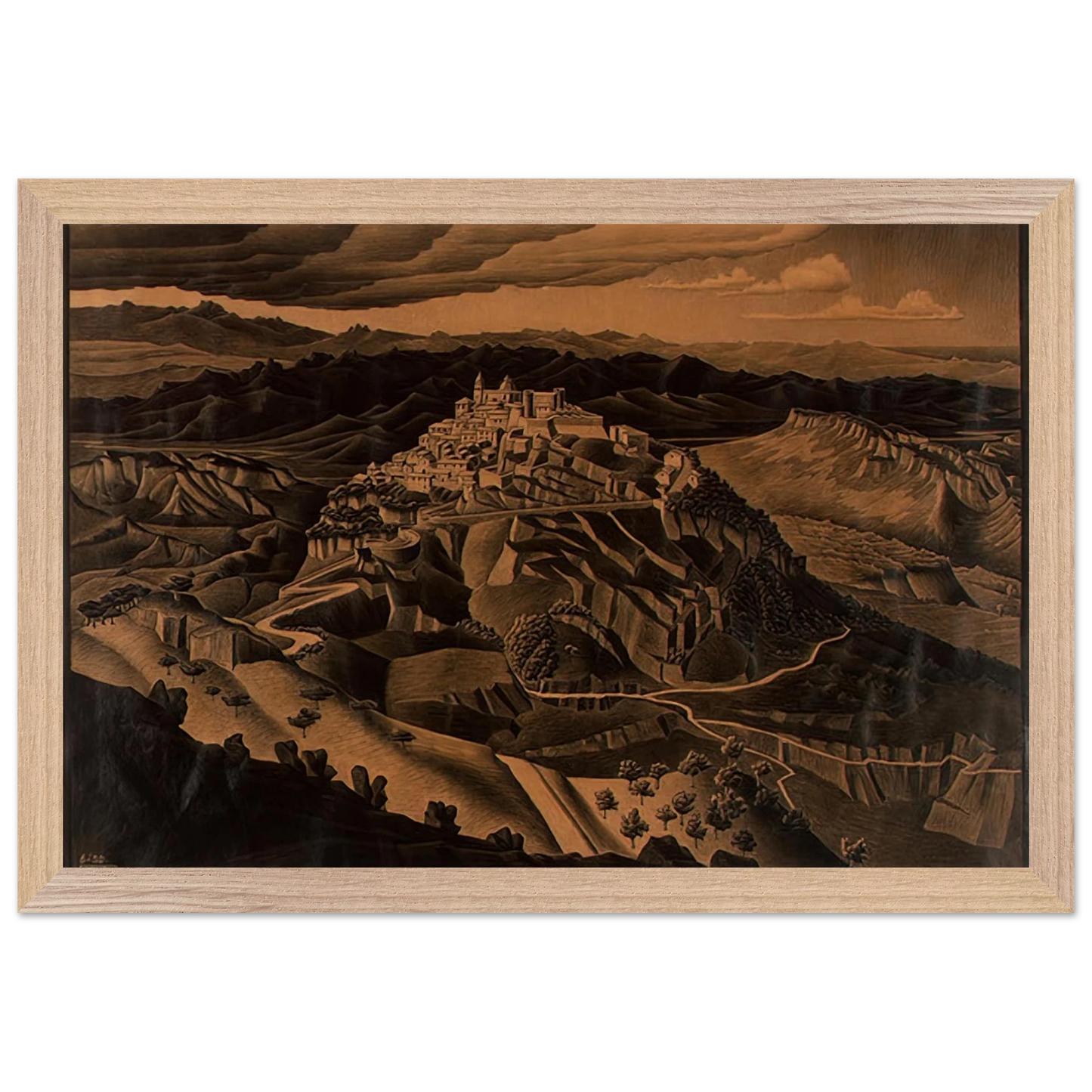 MC Escher - ITALIAN TOWN Wall Art - 30x40 cm / 12x16 inches - Premium Wooden Framed Poster With Fine Art Paper - Black frame
