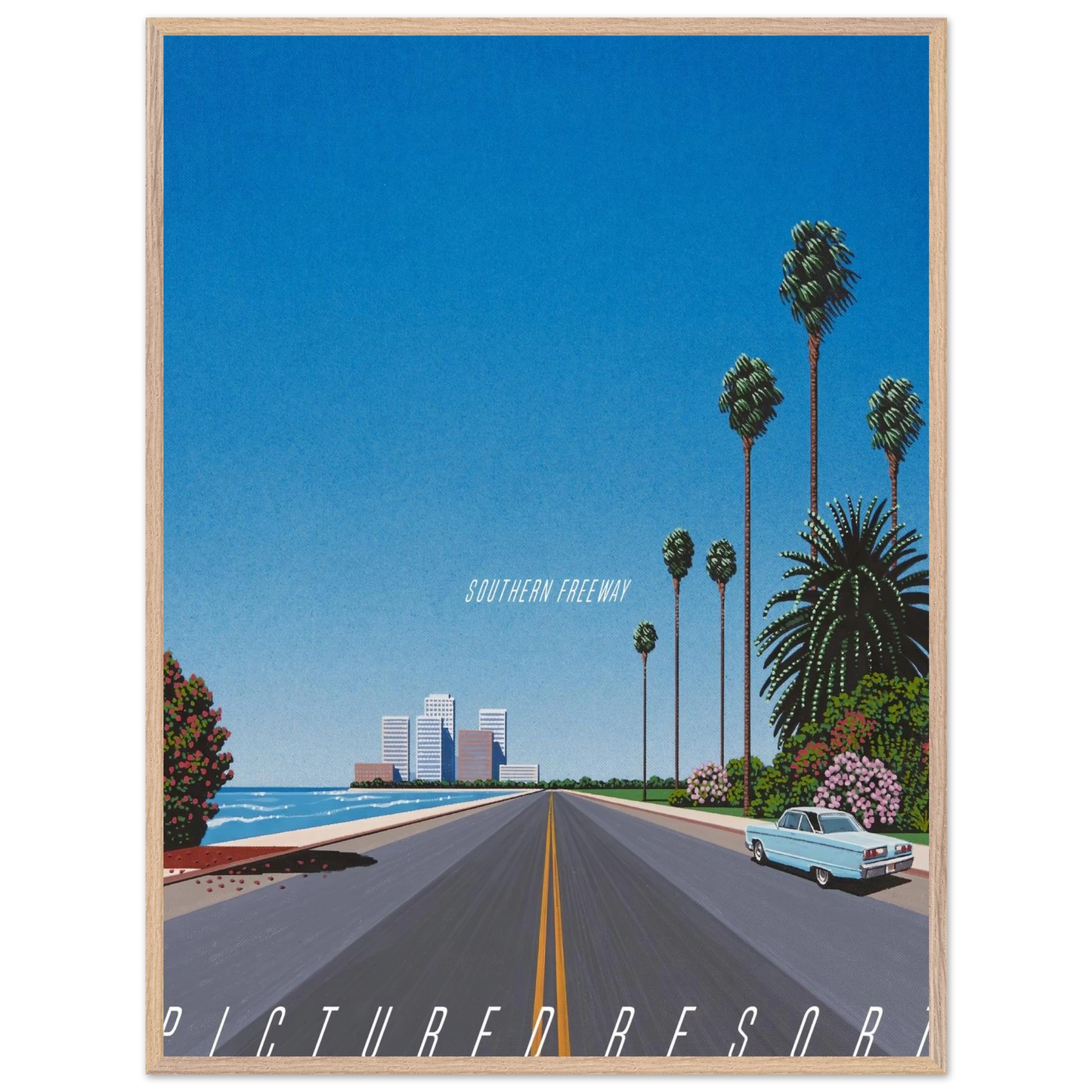 Hiroshi Nagai - Southern Freeway Pictured Resort Wall Art - 60x80 cm / 24x32 inches - Premium Wooden Framed Poster With Fine Art Paper - Black frame