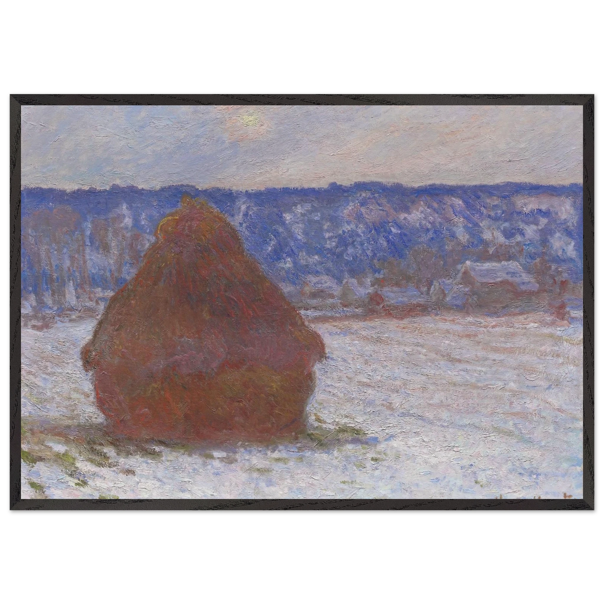 Stack of Wheat Snow Effect Overcast Day - claude monet Framed Art Print – Black Wooden Frame - Default Title - -Framed Art Print