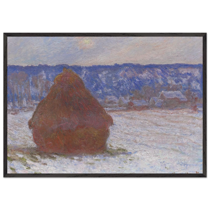 Stack of Wheat Snow Effect Overcast Day - claude monet 70x100 cm / 28x40 inches Framed Art Print – Black Wooden Frame
