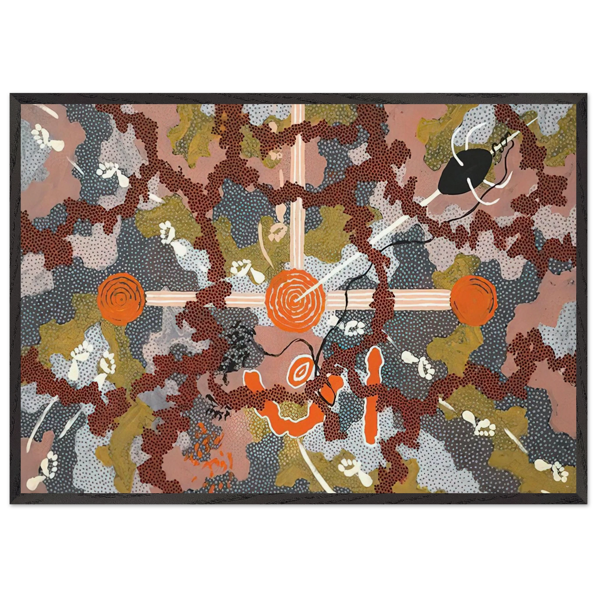 Ngarlu Love Story - 1993 - Clifford Possum Tjapaltjarri Framed Art Print – Black Wooden Frame - Default Title - -Framed Art Print