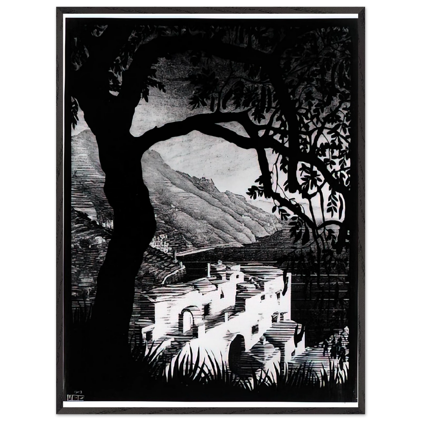 MC Escher - COAST OF AMALFI Wall Art - 30x40 cm / 12x16 inches - Premium Wooden Framed Poster With Fine Art Paper - Black frame