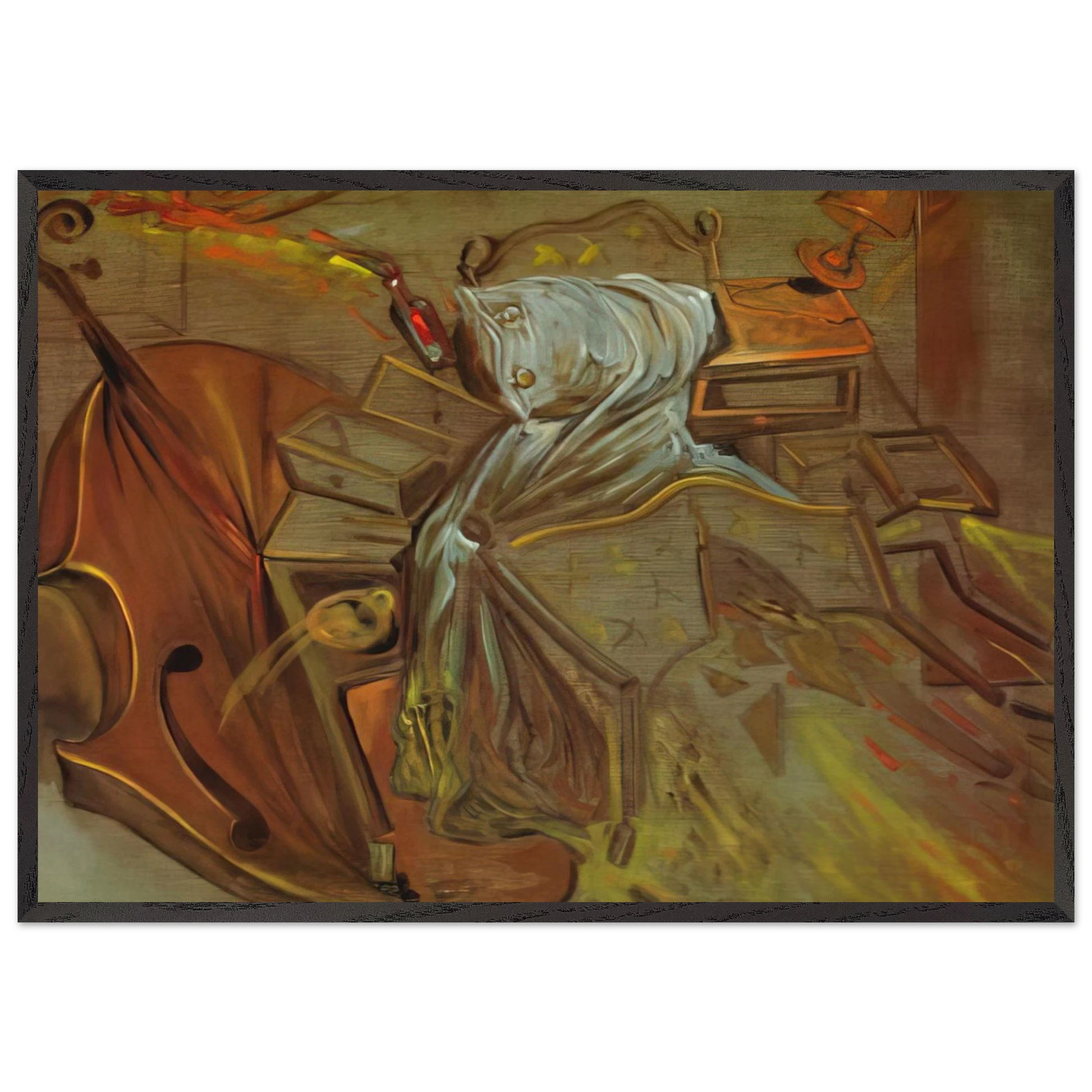 BED AND TWO BEDSIDE TABLES FEROCIOUSLY ATTACKING A CELLO - Salvador Dali Framed Art Print – Black Wooden Frame - Default Title - -Framed Art Print