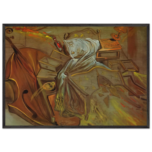 BED AND TWO BEDSIDE TABLES FEROCIOUSLY ATTACKING A CELLO - Salvador Dali Framed Art Print – Black Wooden Frame - Default Title - -Framed Art Print