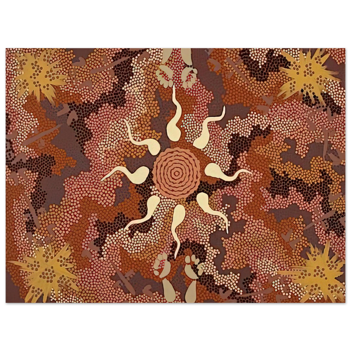 Clifford Possum Tjapaltjarri - Bush Tucker and Kangaroo Dreaming at Mount Denison - 1993  75x100 cm / 30x40inches Fine Art Poster