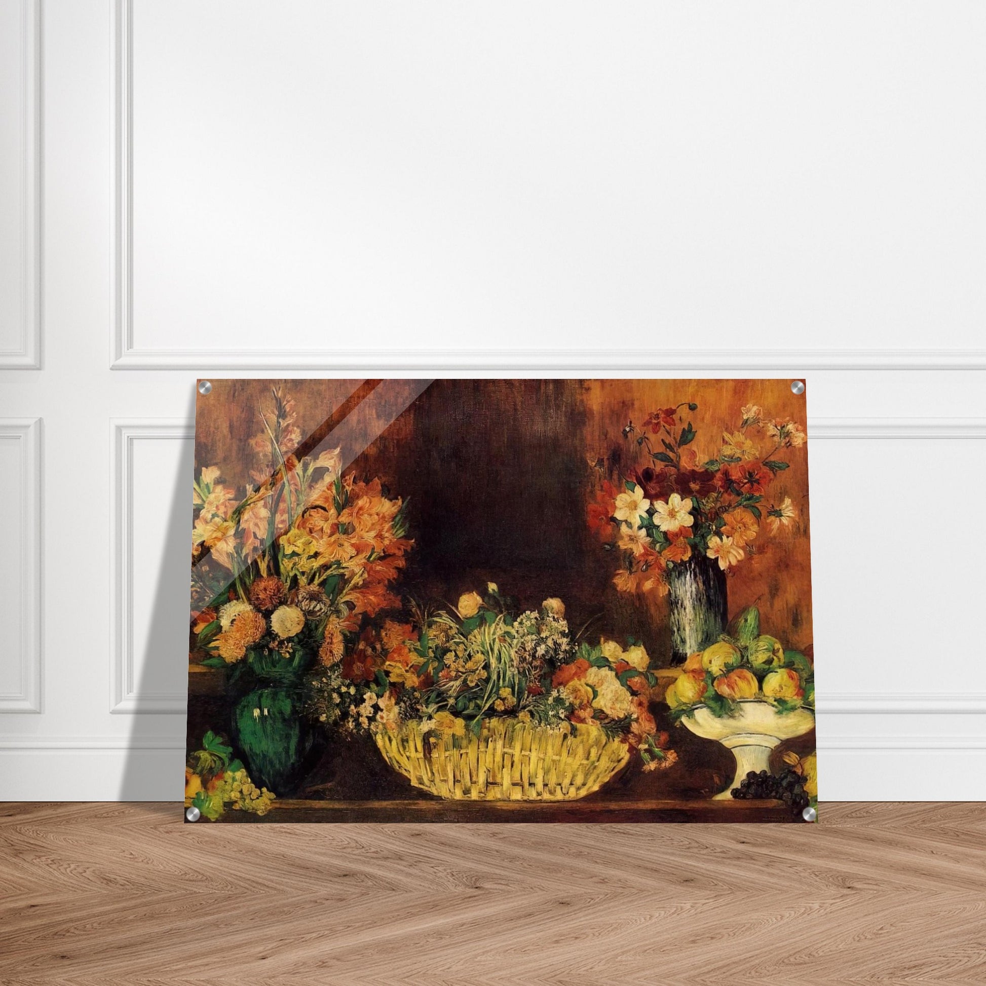 Vase, Basket of Flowers and Fruit - Pierre-Auguste Renoir Acrylic Print - 70x100 cm / 28x40″ inches | Pierre-Auguste Renoir Wall Art | Pierre-Auguste Renoir Prints