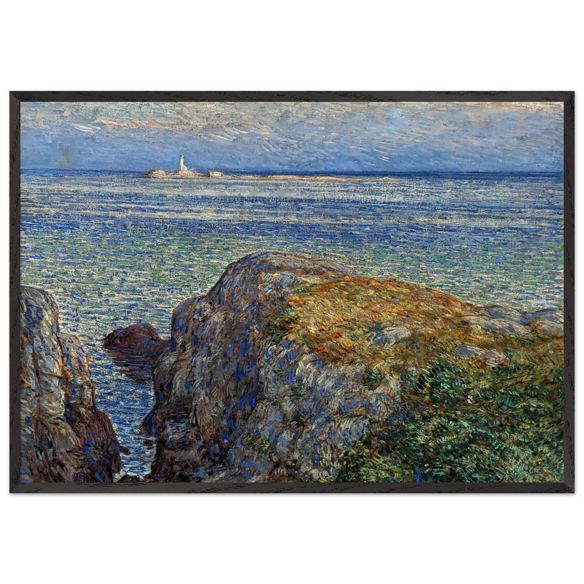 White island light isles of shoals at sundown - Childe Hassam Framed Art Print – Black Wooden Frame - Default Title - -Framed Art Print