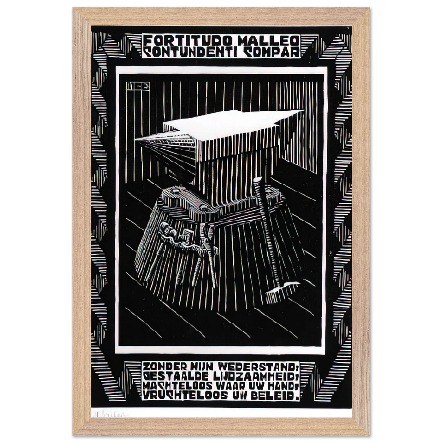 MC Escher - EMBLEMATA ANVIL Wall Art - 21x29.7 cm / 8x12" - Premium Wooden Framed Poster With Fine Art Paper - White frame