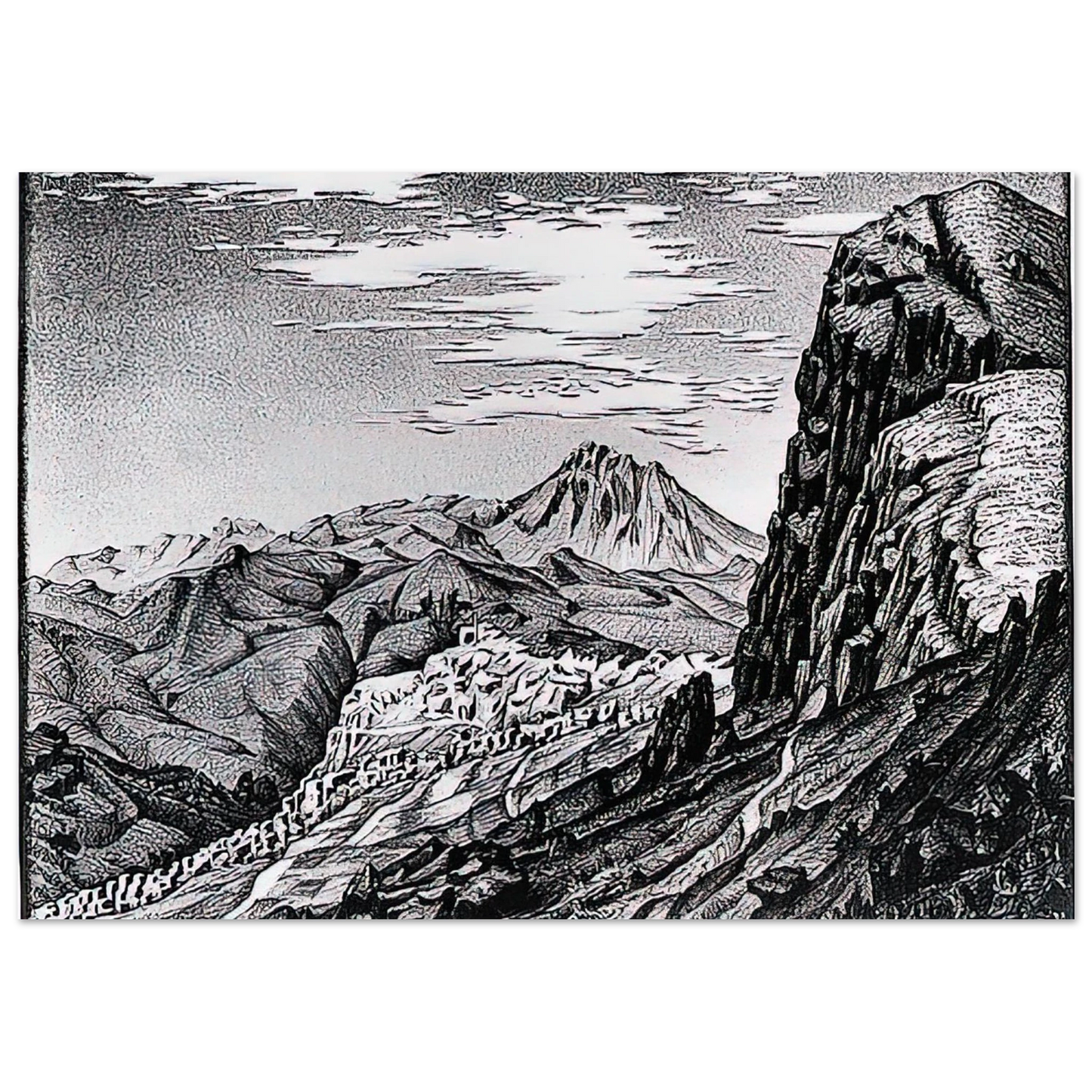 MC Escher - CALTAVUTURO IN THE MADONIE MOUNTAINS SICILY Wall Art - 30x40 cm / 12x16 inches - Premium Wooden Framed Poster With Fine Art Paper - White frame