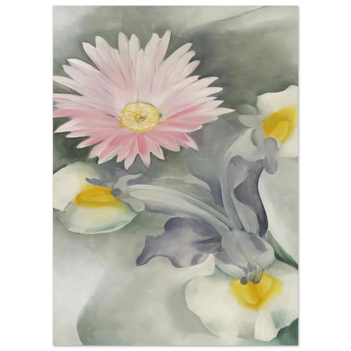 Georgia O'Keeffe - Pink Daisy with Iris Fine Art Poster - 75x100 cm / 30x40 inches