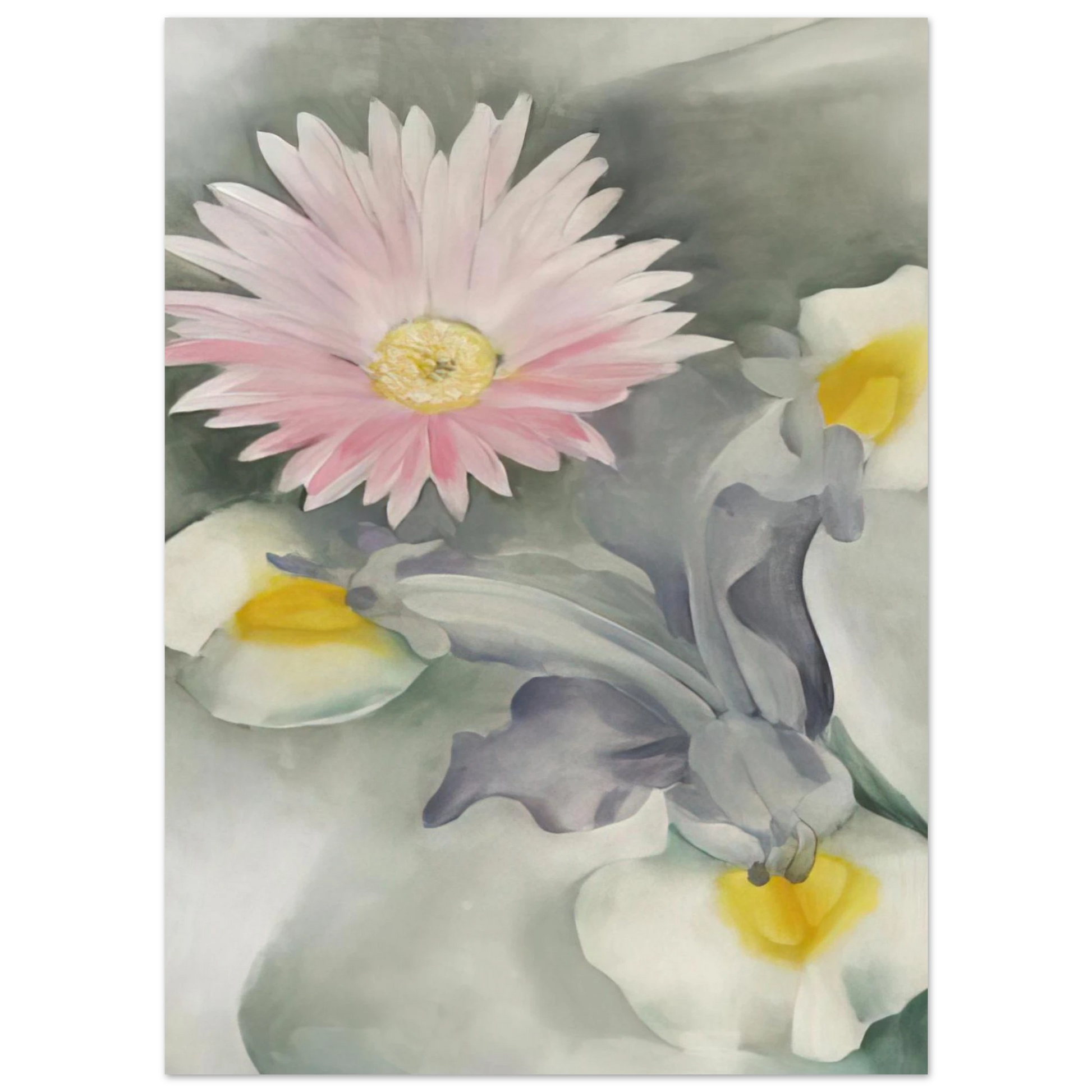 Georgia O'Keeffe - Pink Daisy with Iris Fine Art Poster - 75x100 cm / 30x40 inches