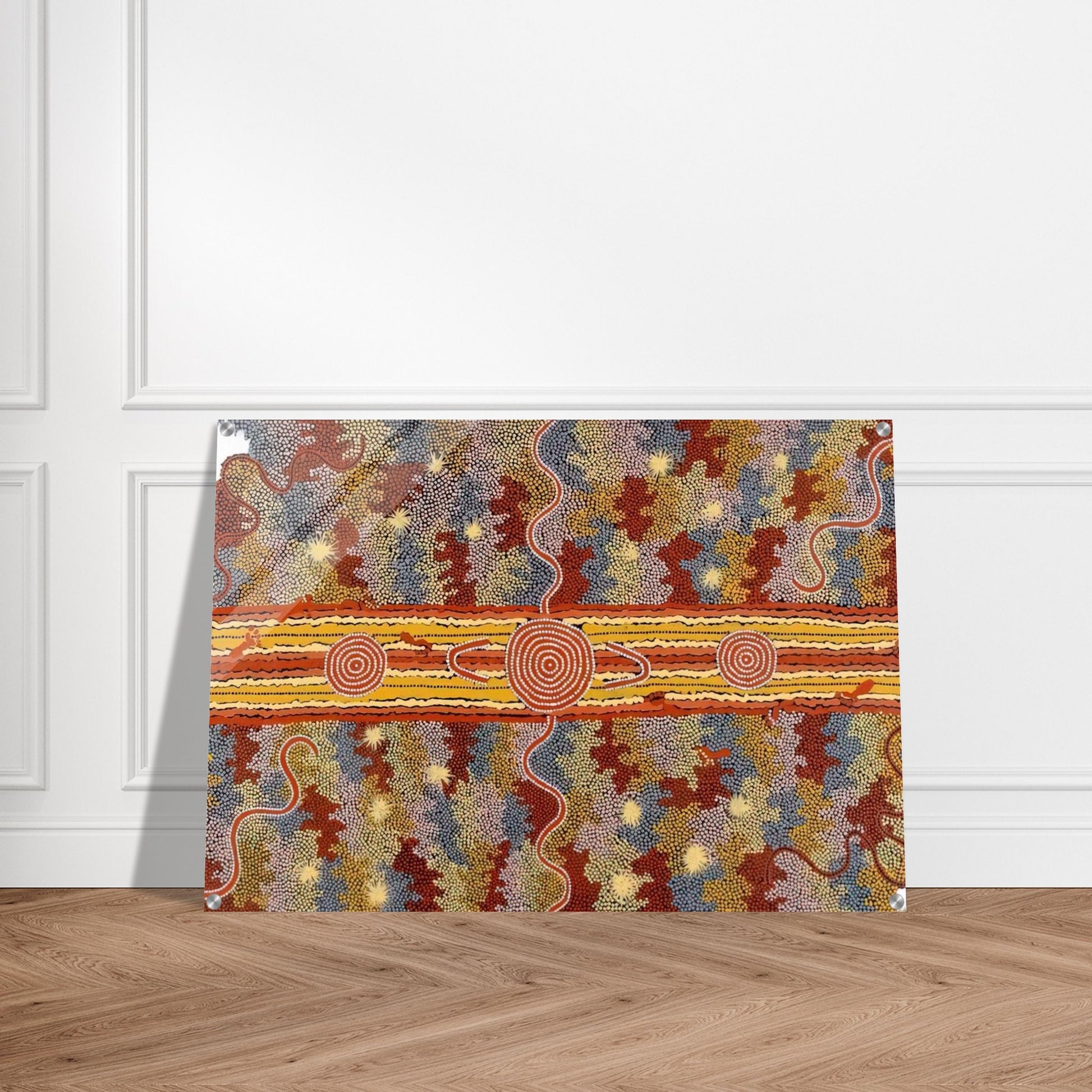 Corrobboree Dreaming - Native Art - Clifford Possum Tjapaltjarri Acrylic Print - 70x100 cm / 28x40″ inches | Clifford Possum Tjapaltjarri Wall Art | Clifford Possum Tjapaltjarri Prints