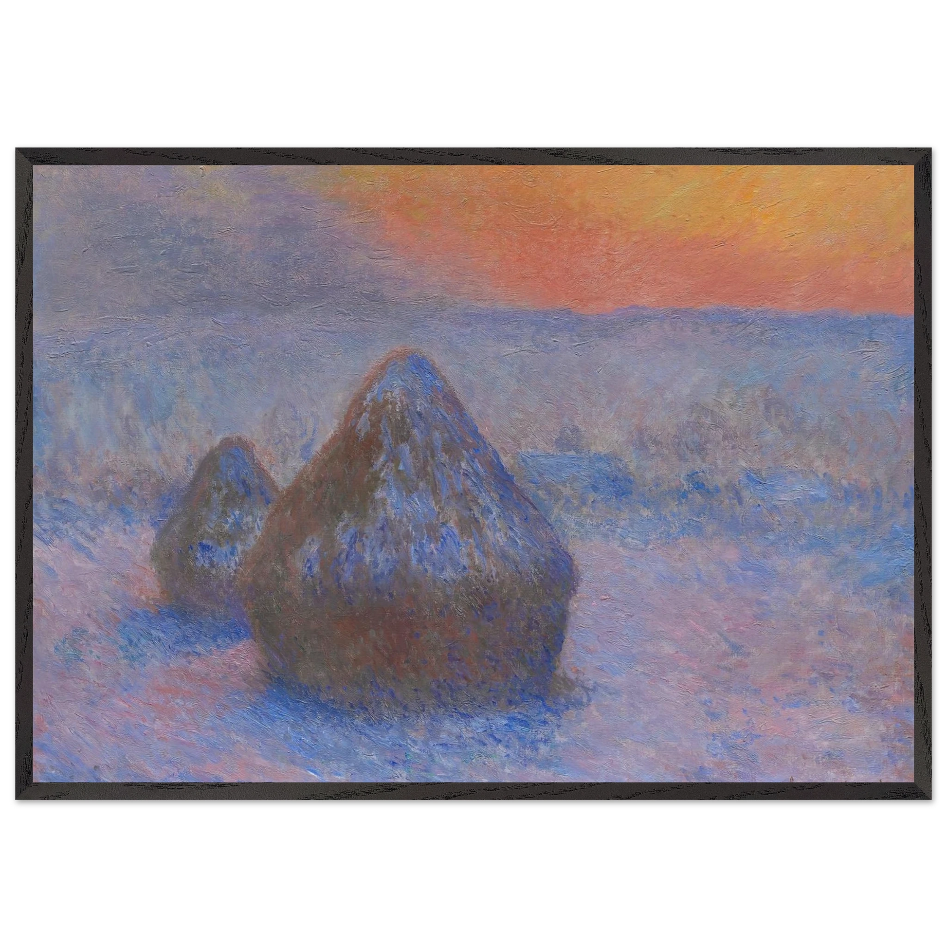 Stacks of Wheat Sunset Snow Effect - claude monet Framed Art Print – Black Wooden Frame - Default Title - -Framed Art Print