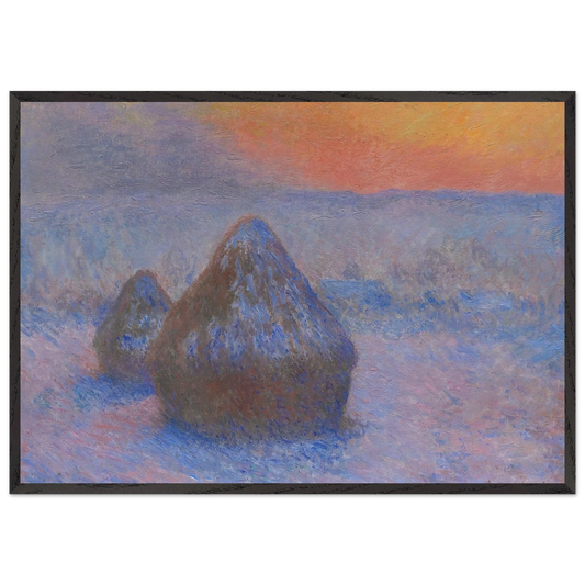 Stacks of Wheat Sunset Snow Effect - claude monet Framed Art Print – Black Wooden Frame - Default Title - -Framed Art Print