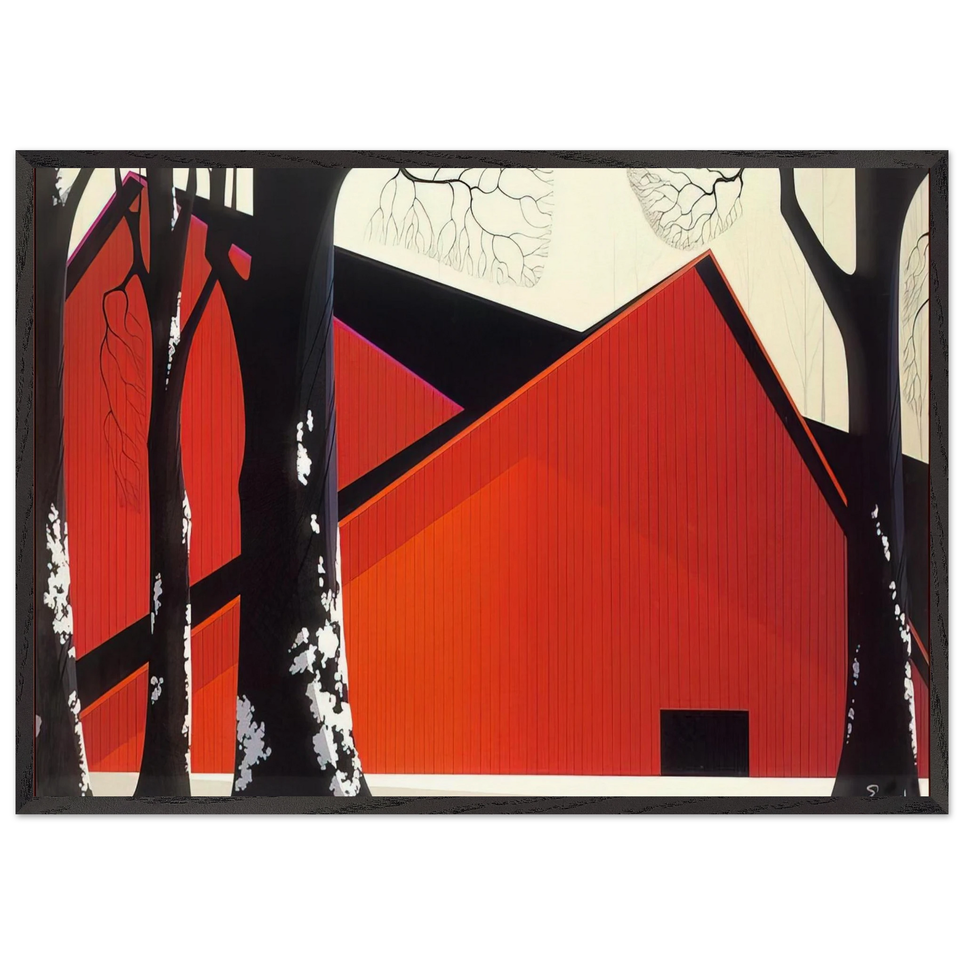 The Great Red Barn - Eyvind Earle Framed Art Print – Black Wooden Frame - Default Title - -Framed Art Print