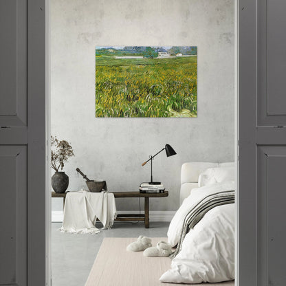 Wheat Field at Auvers with White House - Vincent van Gogh Brushed Aluminum Print - 70x100 cm / 28x40 inches | Vincent van Gogh Aluminum Print | Vincent van Gogh Prints