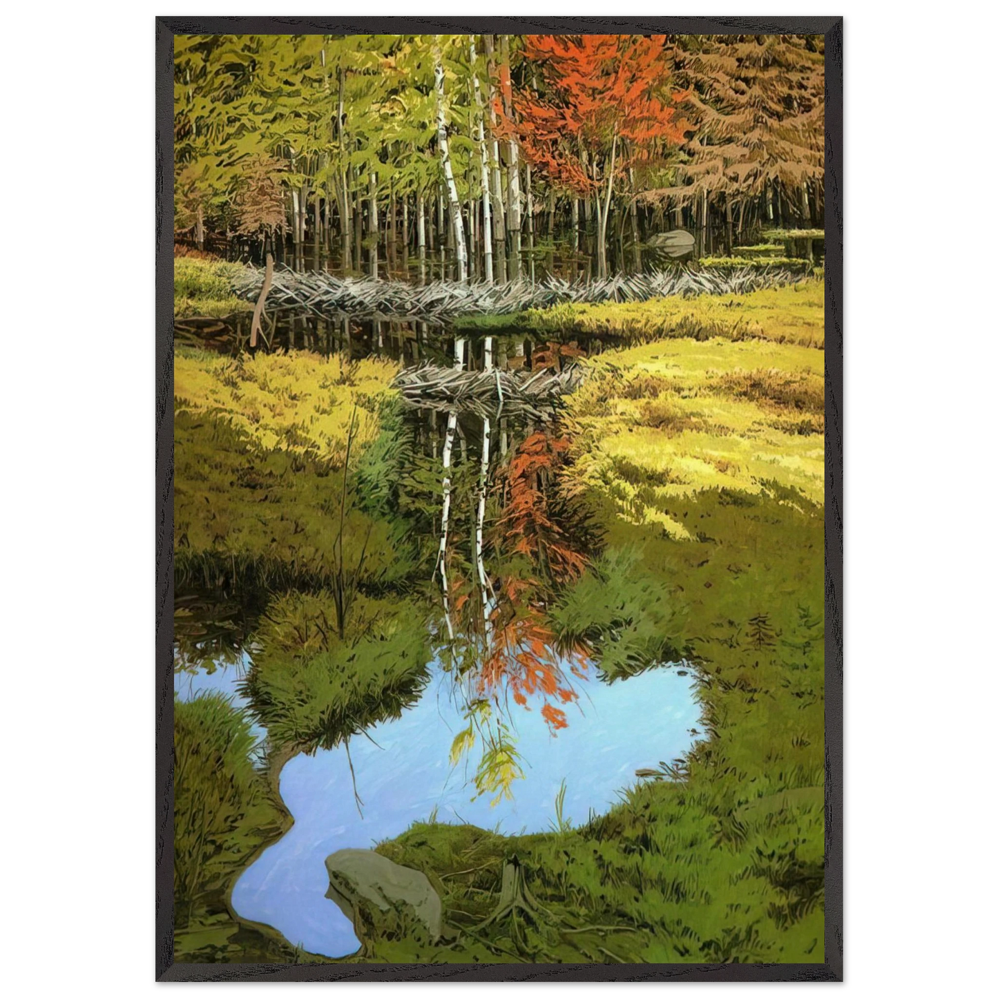 New Dams in Meadow - 1984 - Neil Welliver Framed Art Print – Black Wooden Frame - Default Title - -Framed Art Print