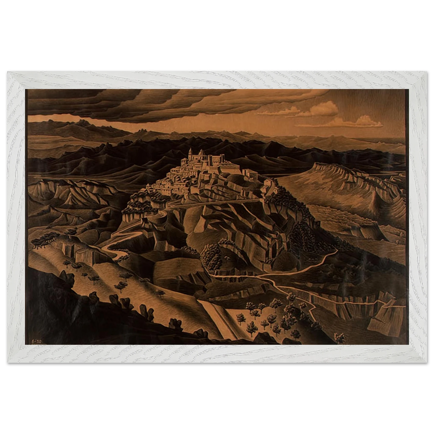 MC Escher - ITALIAN TOWN Wall Art - 60x80 cm / 24x32 inches - Premium Wooden Framed Poster With Fine Art Paper - Wood frame