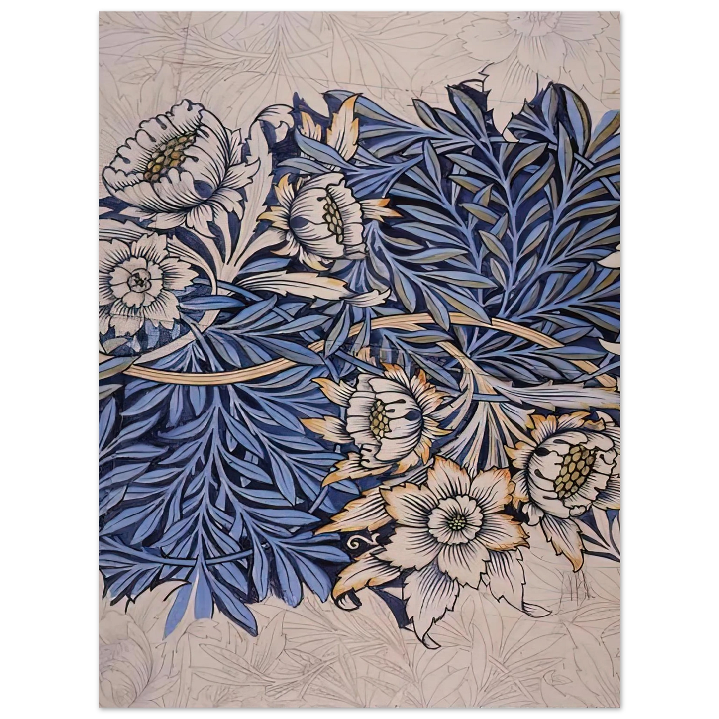 William Morris - DESIGN FOR TULIP AND WILLOW INDIGO DISCHARGE WOOD BLOCK PRINTED FABRIC 1873 Fine Art Poster - 13x18 cm / 5x7 inches