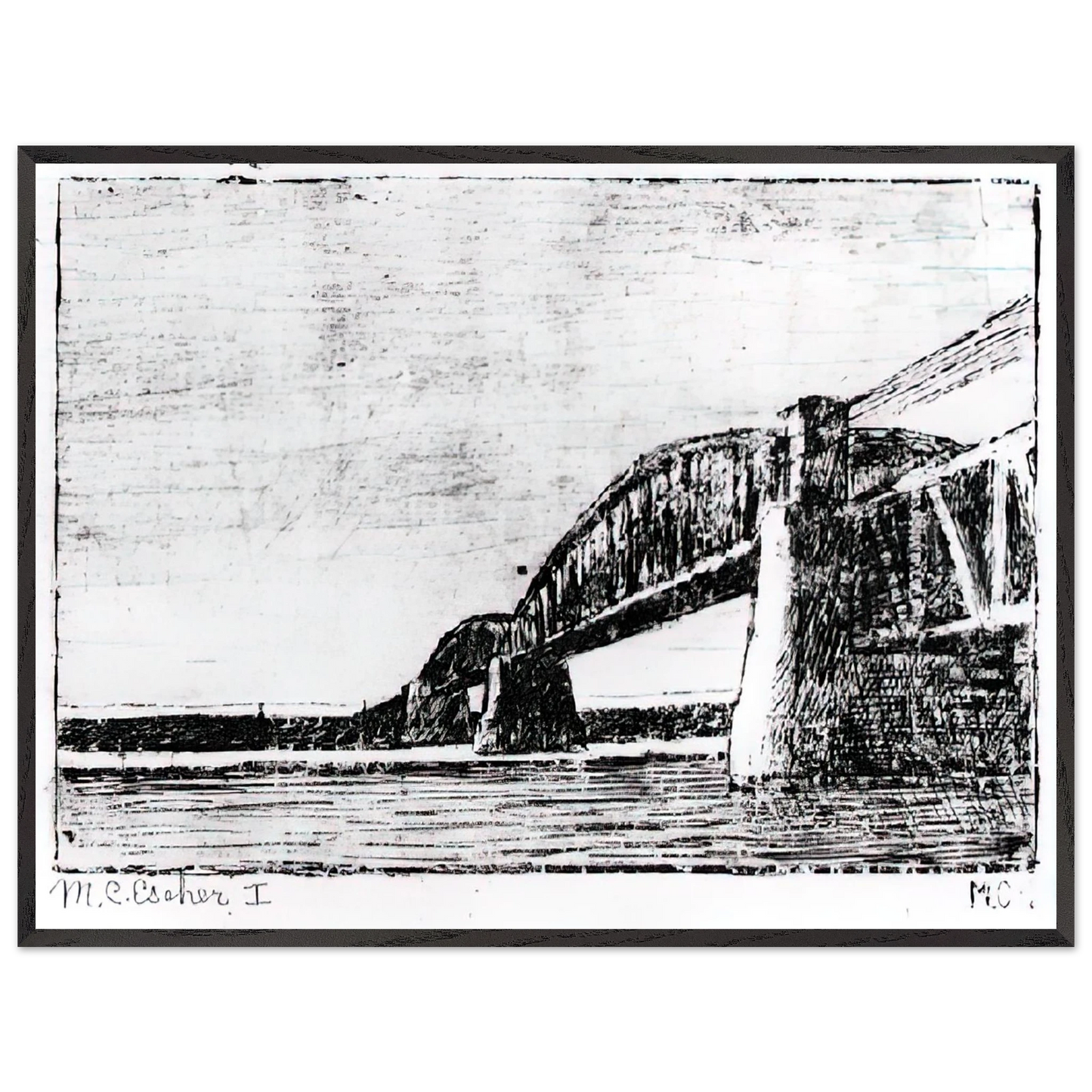 MC Escher - RAILWAY BRIDGE OOSTERBEEK Wall Art - 60x80 cm / 24x32 inches - Premium Wooden Framed Poster With Fine Art Paper - Black frame