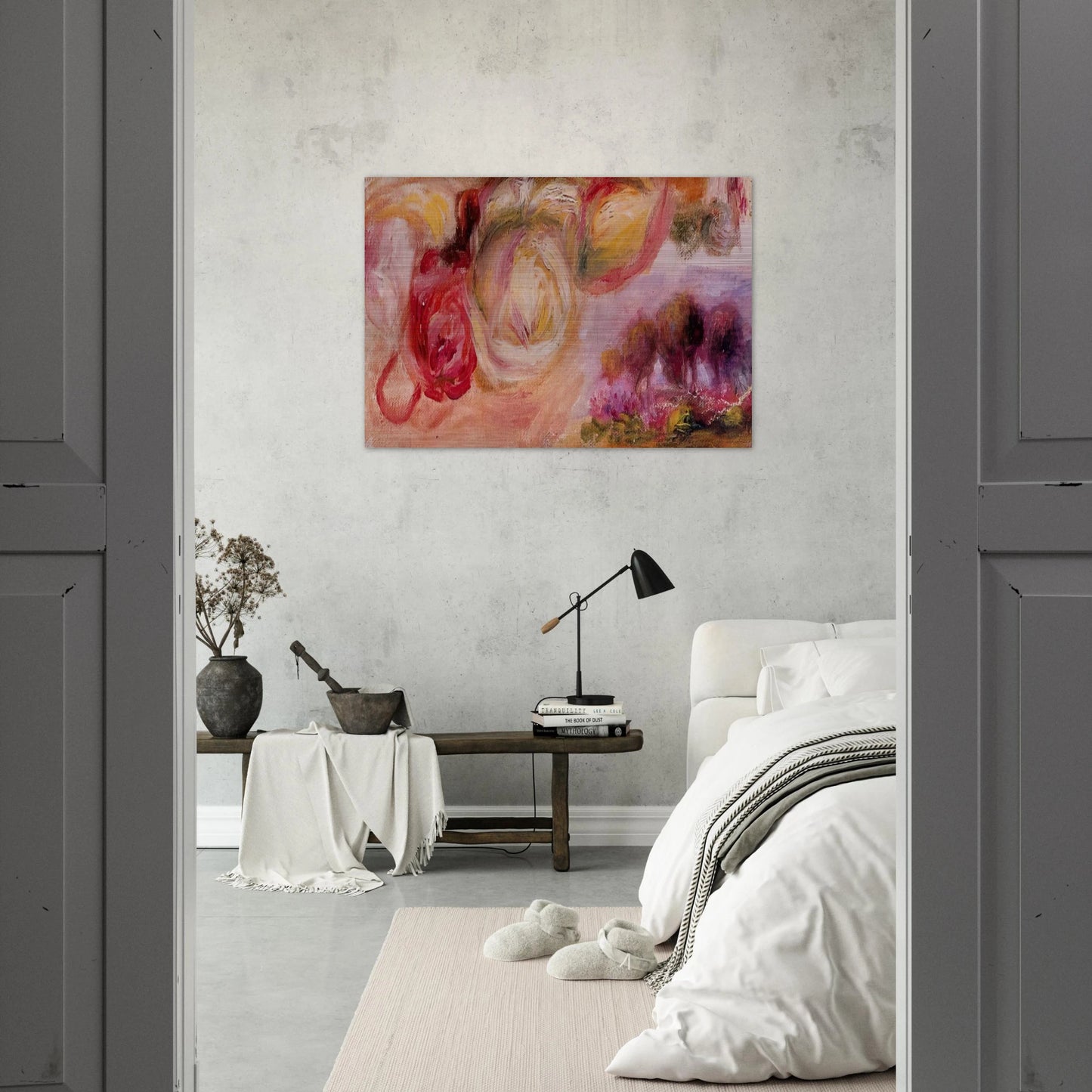 Roses with a Landscape - Pierre-Auguste Renoir Brushed Aluminum Print - 70x100 cm / 28x40 inches | Pierre-Auguste Renoir Aluminum Print | Pierre-Auguste Renoir Prints